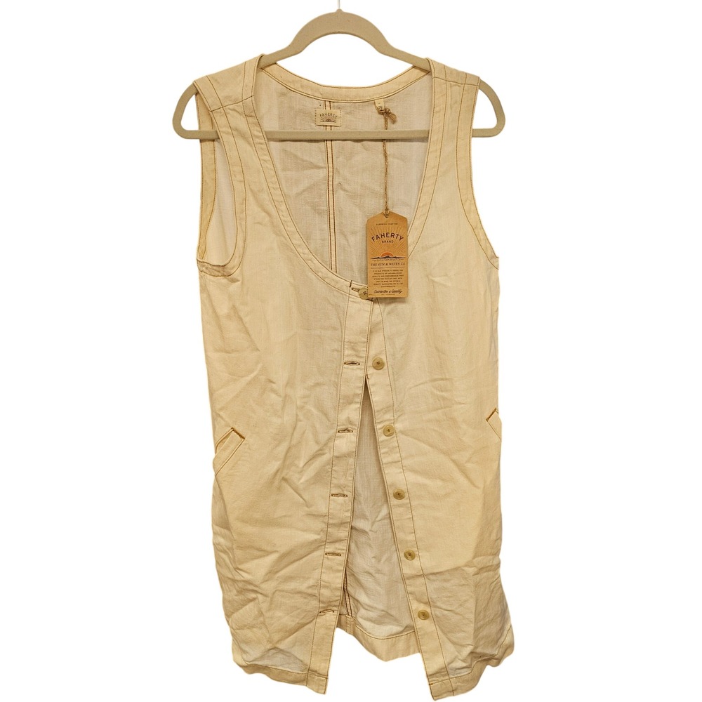 Faherty Sun & Waves Organic Cotton Linen Button Front Midi Dress Vest Cream L